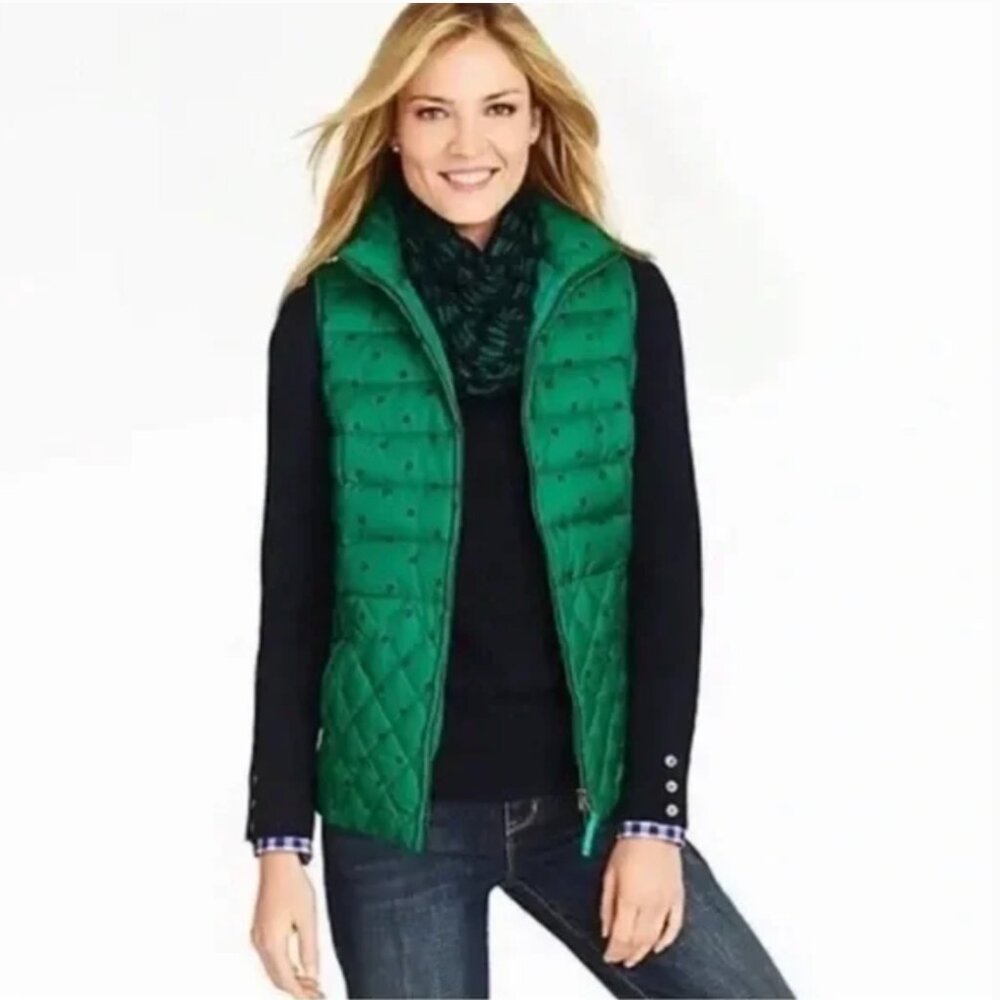 Talbots Down Fill Puffer Vest Jacket Green Navy Polka Dot Preppy Sz S